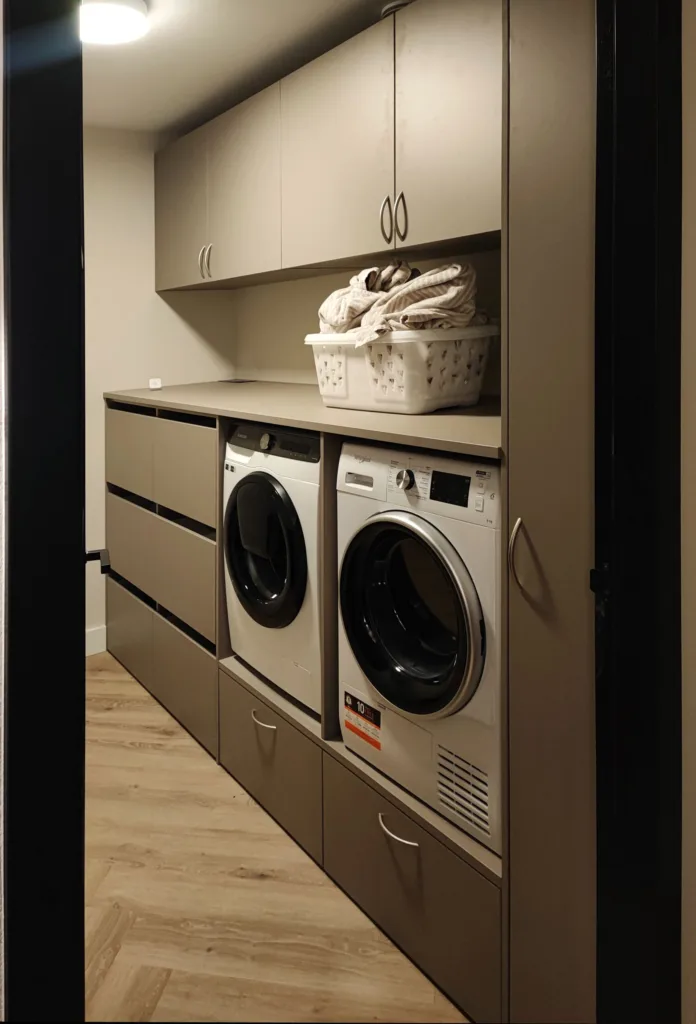 Bijkeuken met laden om de was te sorteren