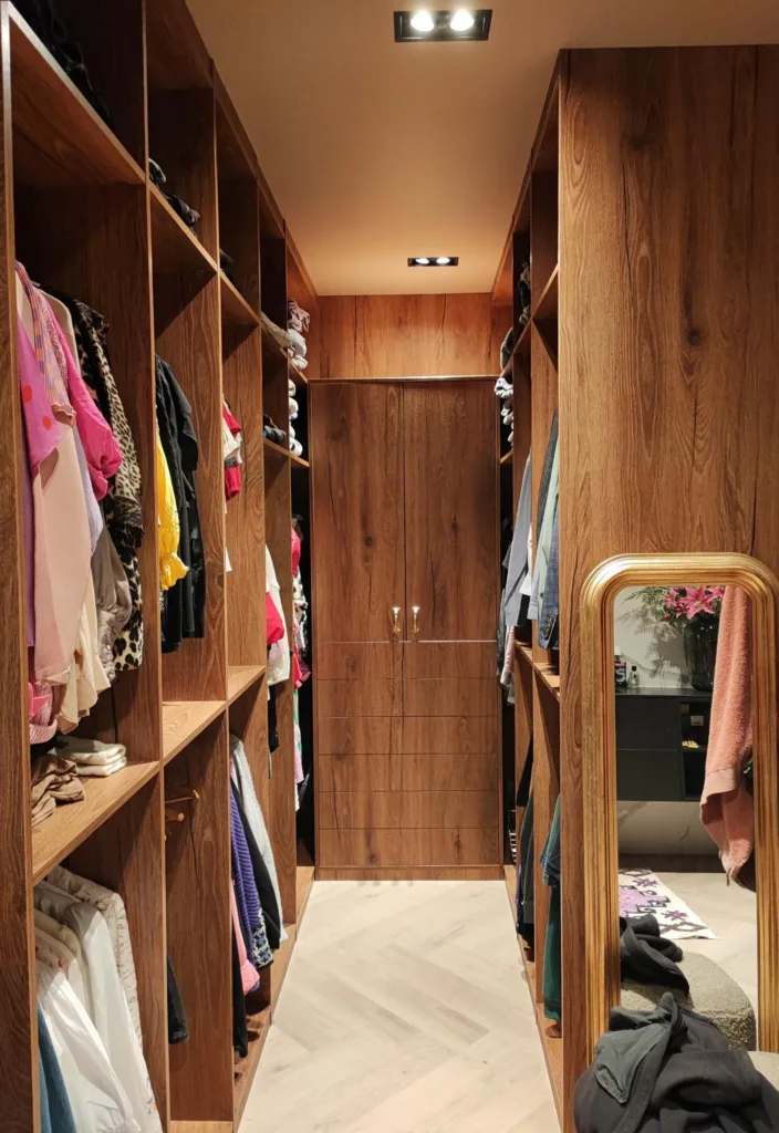 Luxe inloopkast op maat met warme houtafwerking en praktische opstelling in U-vorm